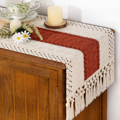 Socomi Boho Table Runner Summer Farmhouse Rustic Dining Kitchen Small Macrame Woven Cotton Linen Coffee Table Runner for Dresser Scarf Home Decor 12x60 inch Terracotta Ivory