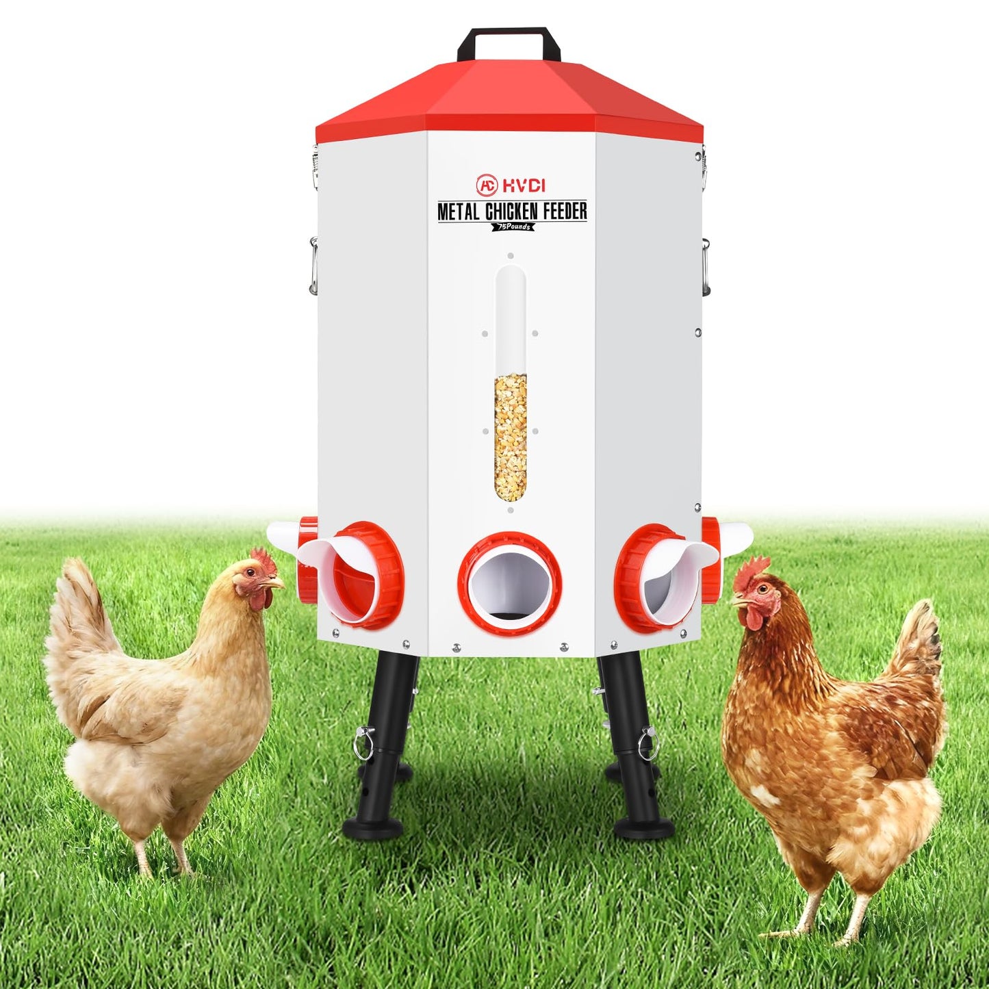 70lbs - 80lbs Large Automatic Chicken Feeder, Adjustable Stand, 8 Feeding Ports, Viewing Window, Sloped Roof Rain Protection Design