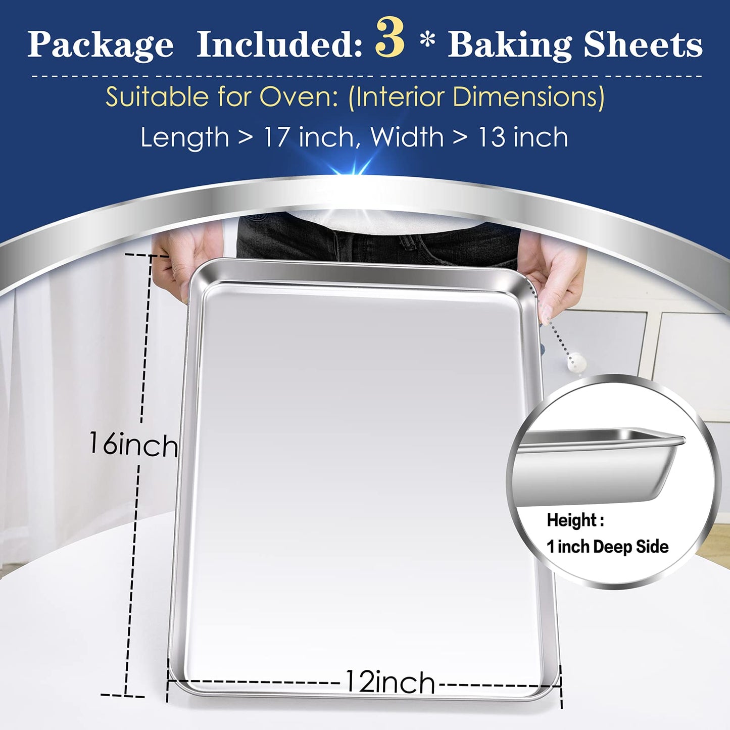 P&P CHEF 16 Inch Baking Cookie Sheet, Oven Pan Tray Stainless Steel Sheet Pan for Kitchen, Oven Bakeware for Multi Uses, Shiny Look & Dishwasher Safe, Healthy & Heavy Duty, 3Pcs