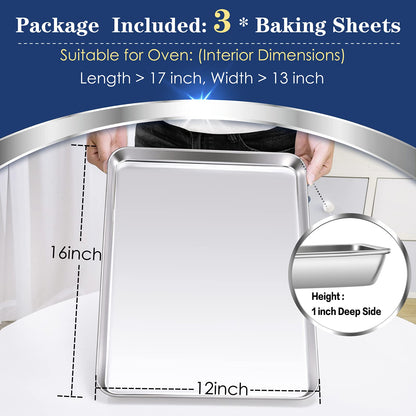 P&P CHEF 16 Inch Baking Cookie Sheet, Oven Pan Tray Stainless Steel Sheet Pan for Kitchen, Oven Bakeware for Multi Uses, Shiny Look & Dishwasher Safe, Healthy & Heavy Duty, 3Pcs