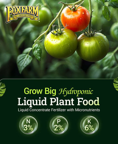 FoxFarm Grow Big Hydroponic Plant Food - 3-2-6 Liquid Plant Fertilizer for Lush Vegetative Growth in Hydroponic Systems - Liquid Concentrate with Earthworm Castings & Micronutrients - 1 Pint