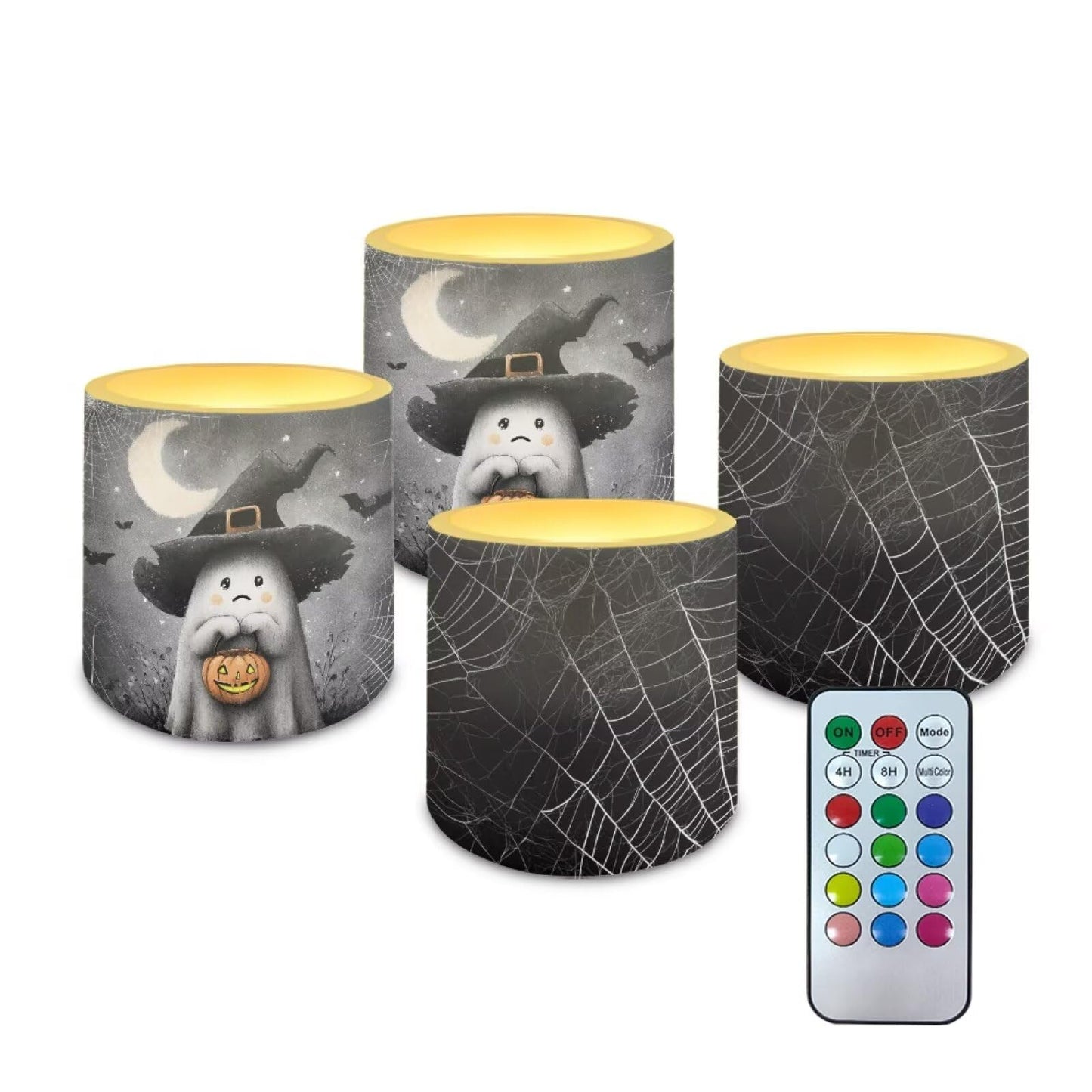 Merkmak Halloween Flameless Candles with Remote Battery Operated Candles with Timer Flickering LED Battery Operated Elictric Pillar Tealights for Home Decorations, Moon Ghost Spider Web