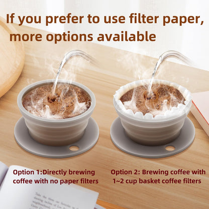 2-Packs Travel Collapsible Paperless Pour Over Coffee Dripper Kit with Stainless Steel Filter, Travel Pour Over Coffee Maker Camping, Silicone Coffee Strainer Pour Over Single Cup (Brown+Black)