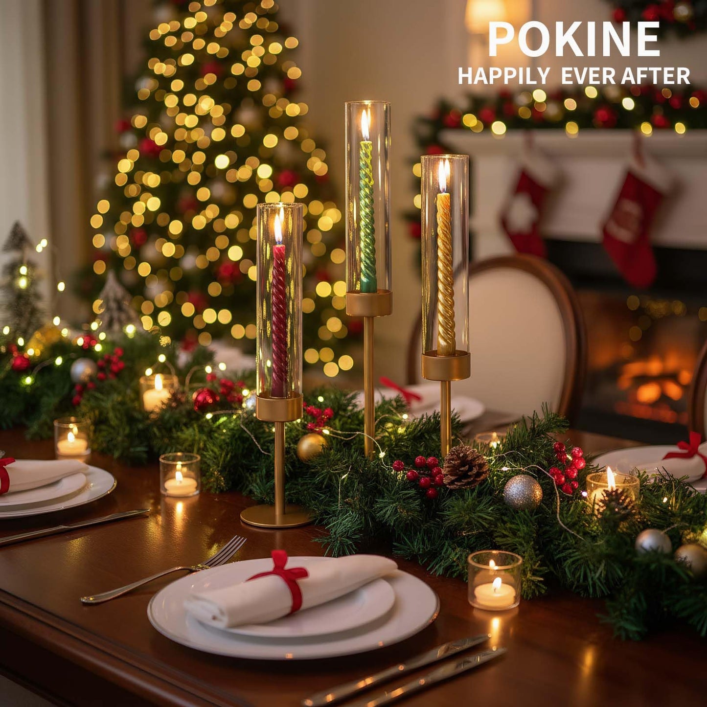 POKINE Set of 6 Gold Candle Holders, Tall Hurricane Candlestick Holders with Glass for Taper and Pillar Candles, Home Decor for Wedding, Christmas, Party, Anniversary, Dining Table
