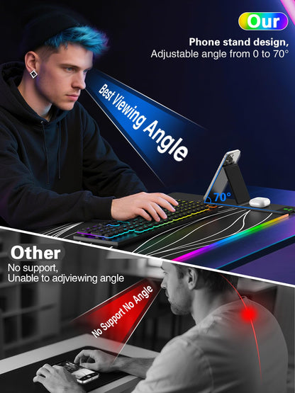 Mouse Pad with Wireless Charging, Large Desk Mat RGB Gaming Mousepad, 10 Light Colors LED Gaming Pad Keyboard Pad with Ultra-Smooth Surface & Non-Slip Rubber Base, Waterproof Full Desk Mouse Pad