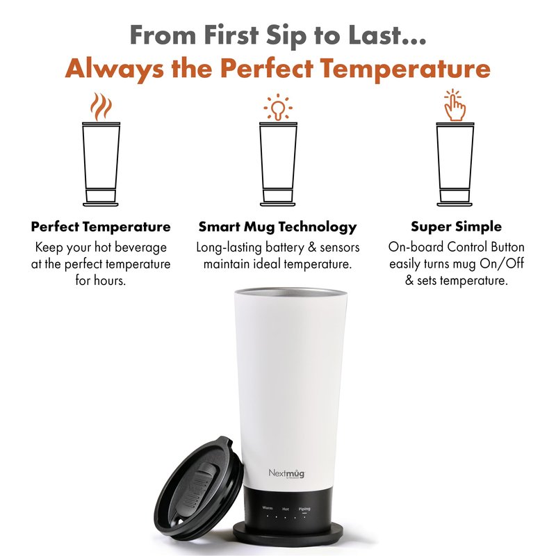 Nextmug Go - Temperature-Controlled, Self-Heating Travel Mug (White - 16 oz.)