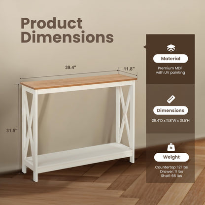 PHI VILLA White Entryway Table, Farmhouse Console Table Narrow Sofa Table Hallway, Ivory Skinny Entry Table