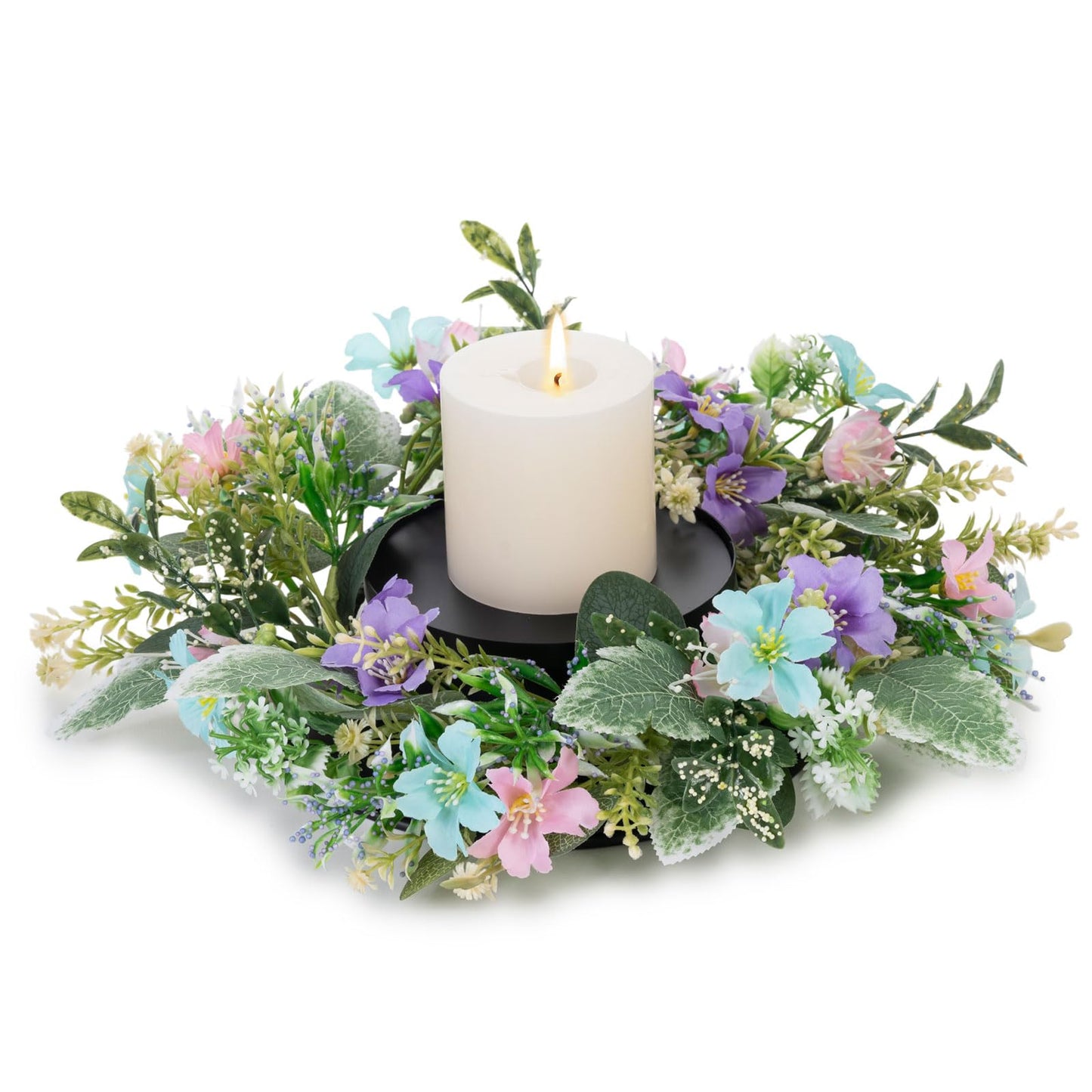 MOYEE Summer Candle Holder Centerpieces for Tables,Candle Ring, Black Metal Candlestick with an Artificial Wreath 14 in Versatile Dining Table Centrepiece (Blue and Purple Flower Wreath)