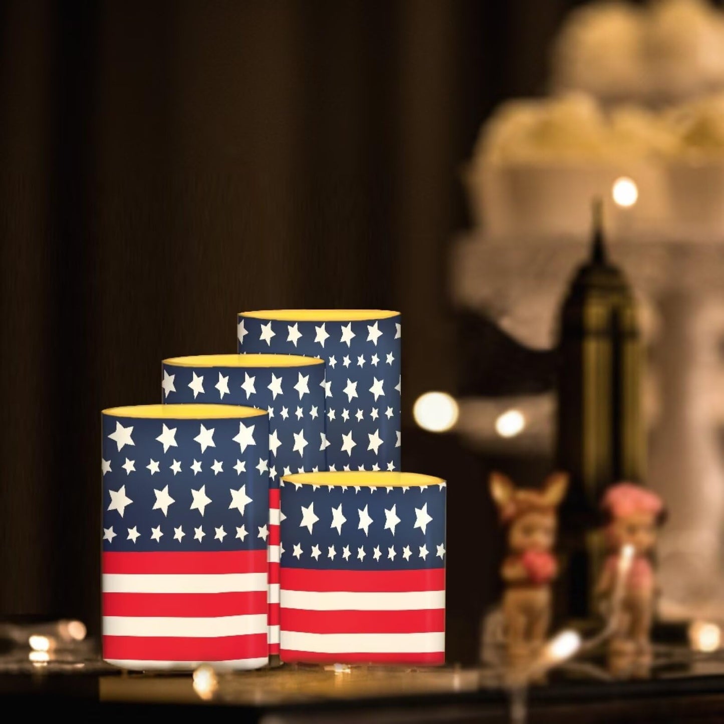 Merkmak American Flag Battery Operated Flameless Candles with Timer Remote 4 Pack Flickering LED Candles for Indoor Outdoor Coastal 4th of July Party Home Decorations