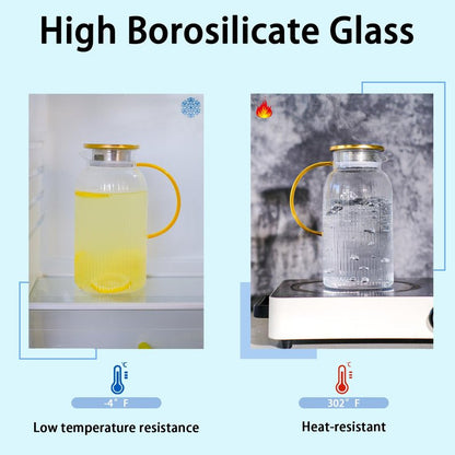 2 PACK Glass Pitcher with Lid and Handle,68 oz/ 2 Liter Vertical Stripes Water Pitcher,Glass Water Carafe for Fridge,Hand Blown Heat Resistant Borosilicate Water Jug for Hot/Cold Drinks