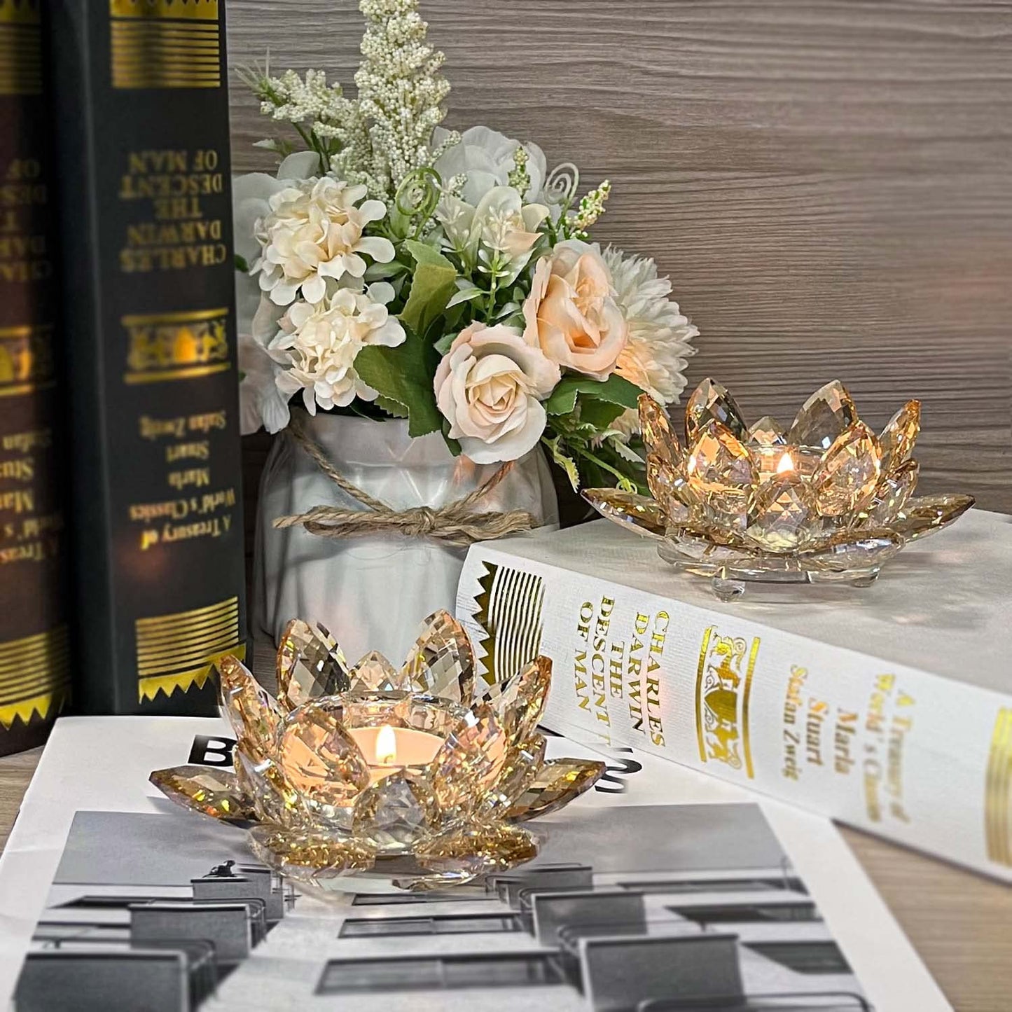 Kolnlala Crystal Lotus Flower Tealight Candle Holders/Glass Tea Light Candlestick Decor Decoration for Christmas Home Wedding Party… (1, Gold 2pcs)