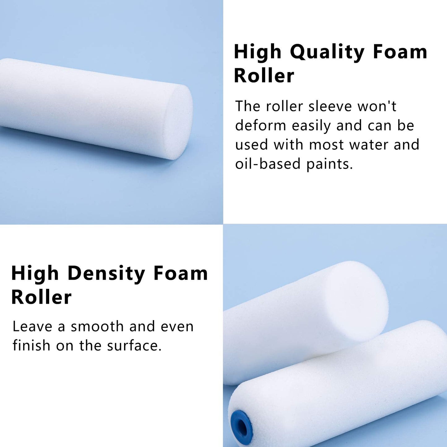 Mister Rui Foam Paint Roller, 4 inch Paint Roller 8 Pack, Small Paint Roller, High Density Foam Paint Roller Tray and Liner Set, Sponge Rollers for Painting and Staining