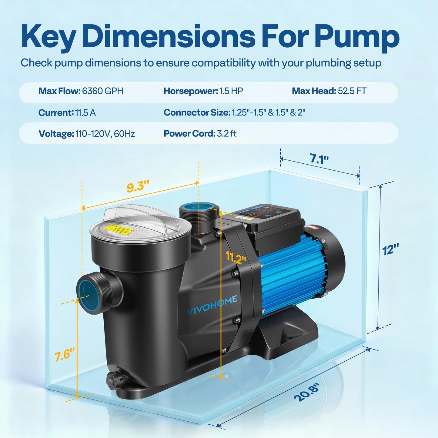 VIVOHOME Self Primming in/Above Ground Swimming Pool Pump w 1.25'' & 1.5" & 2.0'' Unions Energy Saving w/Strainer Baske, 6360 GPH