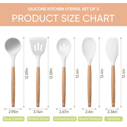 Herogo 8 Pcs Non-Stick Silicone Cooking Utensils Set with Wooden Handle, Heat Resistant Food-Grade Kitchen Utensils Set, Includes Spatula Spoon Turner Server Whisk Ladle for Baking, Cooking (White)
