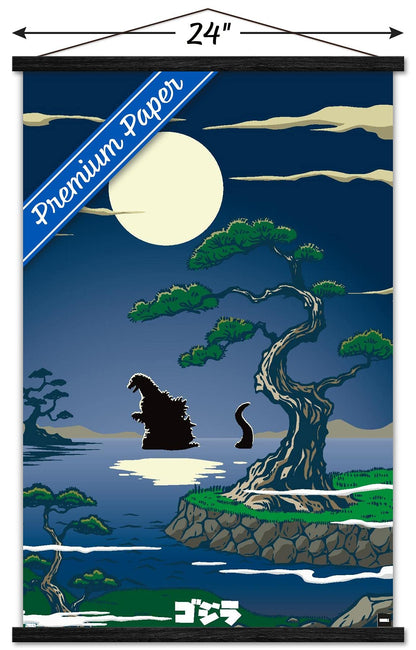 Trends International Godzilla-Lake Wall Poster with Magnetic Frame, 22.375" x 34", Premium Print and Black Hanger Bundle