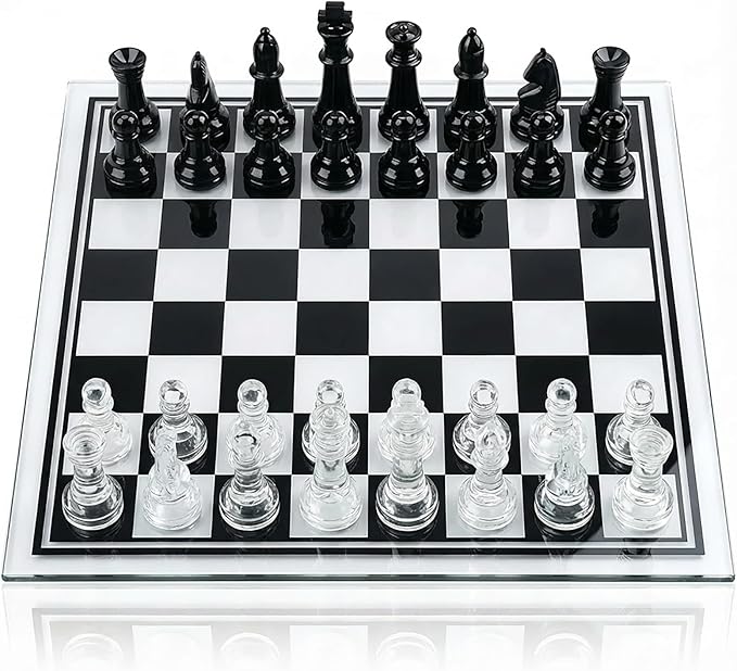 35cm/13.8 Glass Chess Set with Clear &amp Black Pieces – Elegant Transparent Board Game for Adults &amp Beginners Home Decor &amp Gift Choice