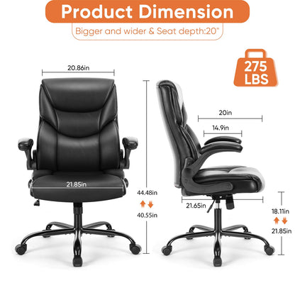Sweetcrispy Ergonomic Computer Gaming Office Chair, Heavy Duty Task Desk Swivel Rolling Chairs with Wheels, Flip-up Arms, Adjustable Height, PU Leather, Black