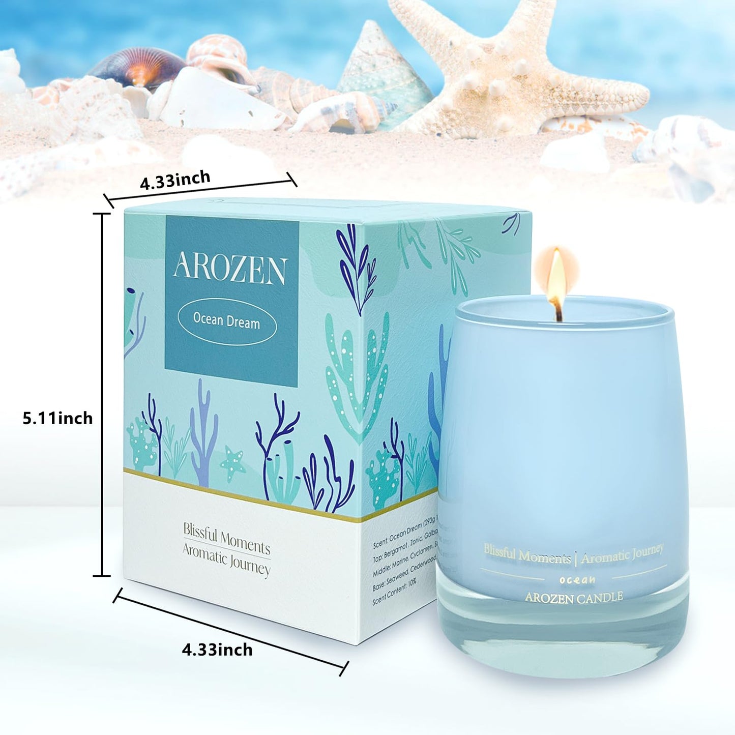 AROZEN Ocean Scented Candles Gift for Women-10oz Aromatherapy Sea Beach Soy Candles for Home Scented with Healing Crystal inside-55H Burn Gifts for Valentine's Day, Birthday, Women, Mother's Day