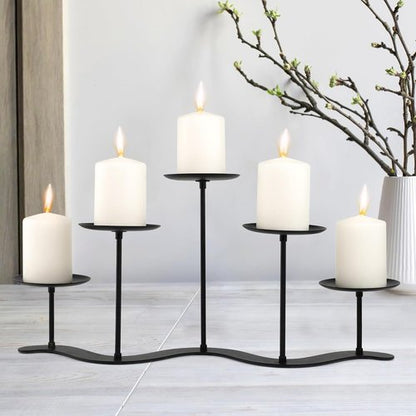 Black Iron Candelabra | 5 Arm Candle Holder Stand - Elegant Metal Centerpiece for Pillar Candles