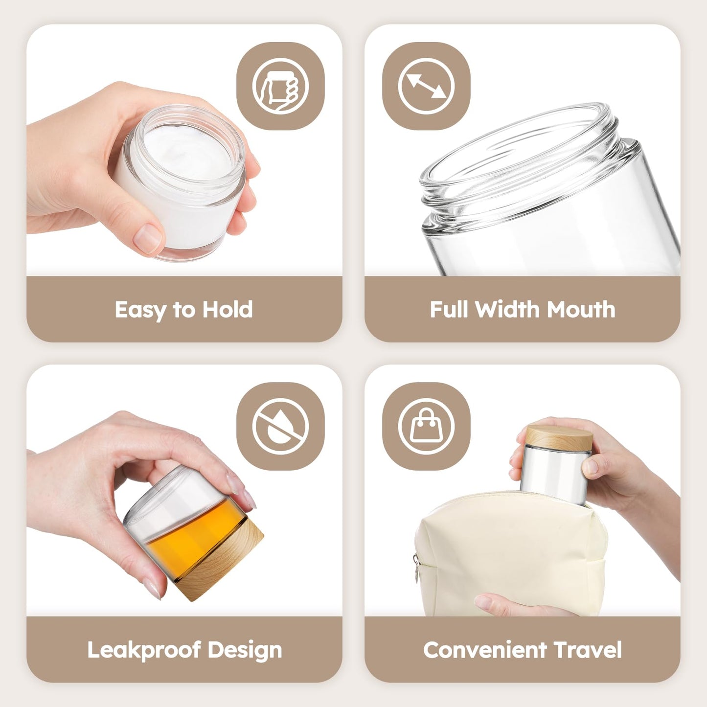 4 oz Glass Jar with Lids, 48 Pack Small Glass Candle Jars with Lids & Sticker, Empty Cosmetic Containers for Sample, Cream, Spice, Lotion, Ointments（Plastic Woodgrain）