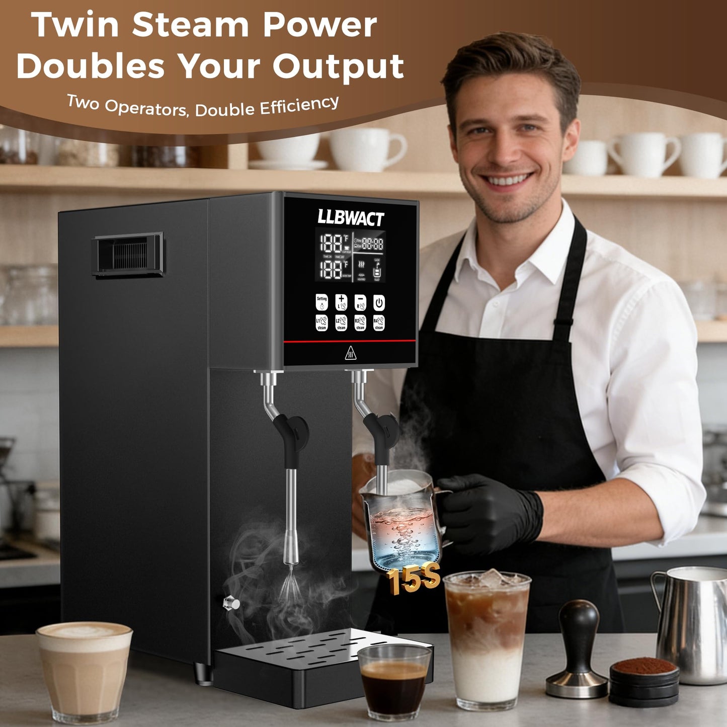 LLBWACT Dual-Head Commercial Steam Milk Frother, 2 Independent Wands, 15s Fast Frothing, 2000W 8L Continuous Steam, Independent Temp Control with LED Display for High-Volume Coffee Shop Restaurant