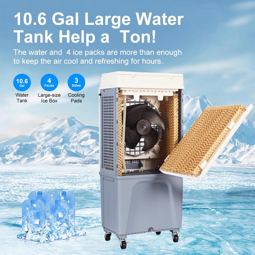 Uthfy Evaporative Air Cooler,3880CFM Swamp Cooler With 10.6 Gal Tank, 43" Portable Evaporative Cooler With Remote,12H Timer,4 Ice Pack,Oscillation,3 Speeds,3 In 1 Cooling Fan for Garage,Patio,Basement