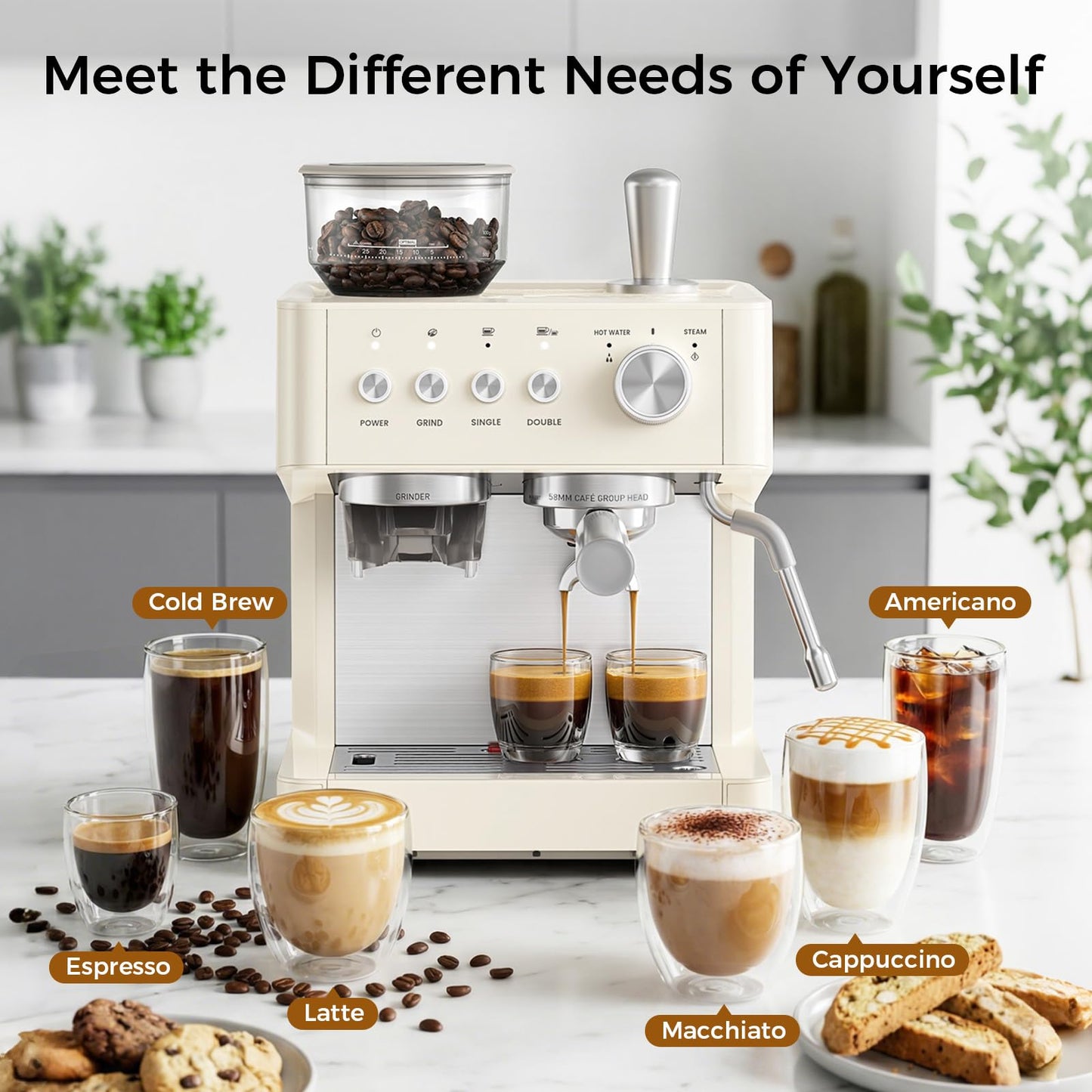 Kndko Espresso Machine with Grinder, 20 Bar Espresso Coffee Machines with Milk Frother Steam Wand, Espresso Maker for Latte, Cappuccino, Hot/Cold Brew, White