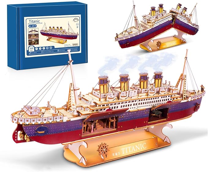 Titanic 3D Puzzles for Adults LED Titanic Metal Ship Model Building Kits for Home Desk Decor 368 Pcs Wooden DIY Arts and Crafts Collection Gifts for Couples Women Teens 14 +