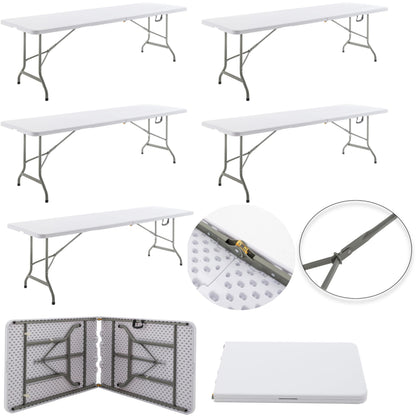 BTEXPERT Set of 5, 8-Foot - 96" Long White Plastic Folding Table Portable 30" Wide, 29" High, Indoor Outdoor Events Banquet Dining Party Patio