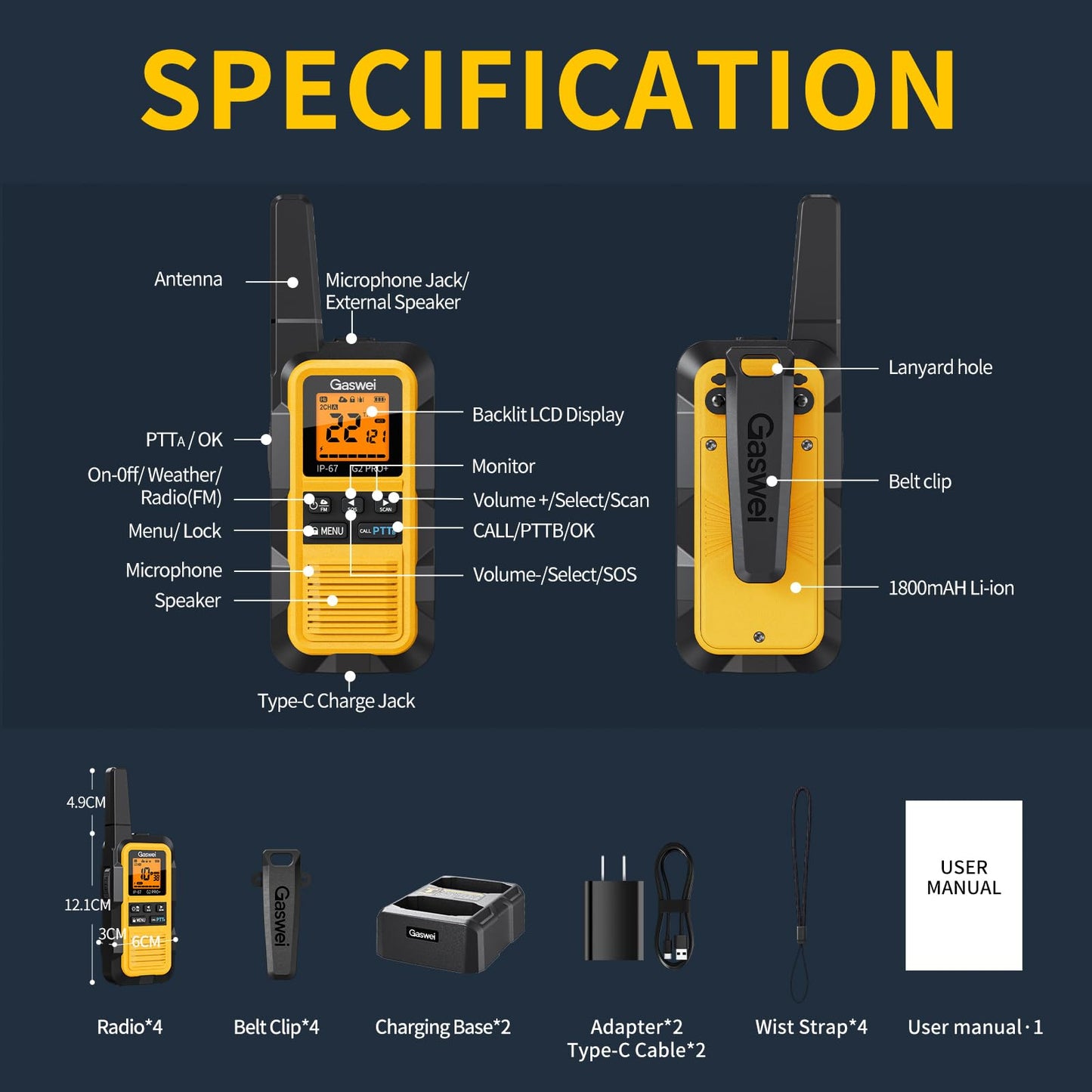 Gaswei G2Pro+ Heavy-Duty Walkie Talkies IP67 Waterproof Two-Way Radios with NOAA Weather Alert & Floating | 2-Watt Long Range for Job Sites, Hunting | Dual PTT, FM Radio, SOS, VOX（4pack）