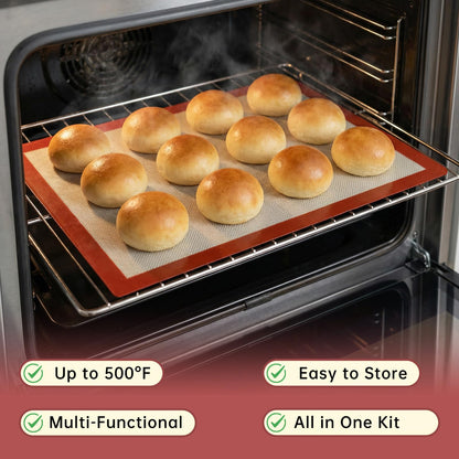 HEIFAM Non-stick Silicone Baking Mat Set of 7, Large Baking Silicone Mat Oven Liner Sheet Reusable, Round Square Cake Mats Tools Accessories, Baking Mats with Measurements for Macaron Dough Pastry red