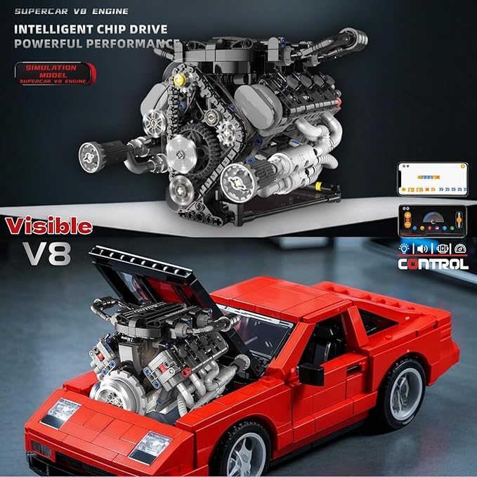 V8 Engine Building Kits That Runs with Motor - 715+Pcs Build Your Own Visible APP Controls Mini V8 Engine Model8-Cylinder Transparent Design Car Engine Building Engineering Set for Adults