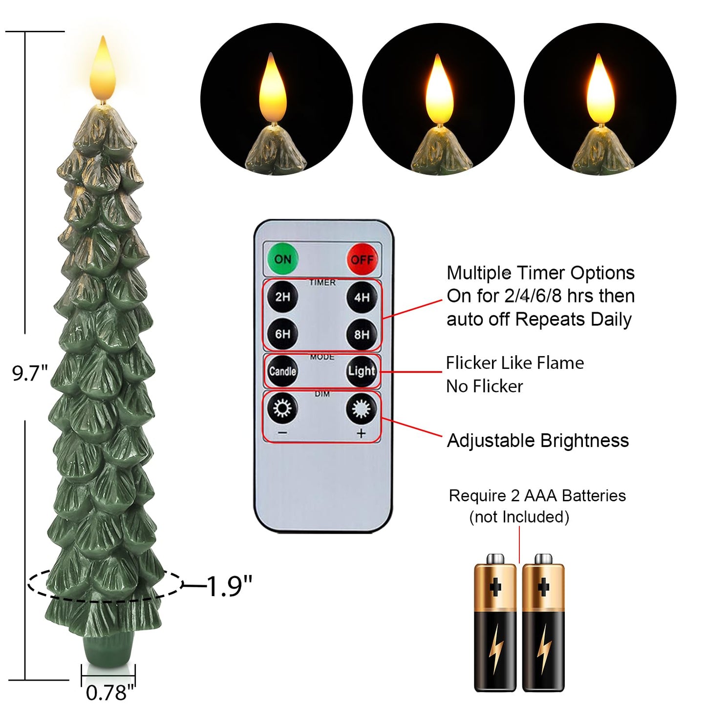 Homemory 3 Pcs Christmas Tree Candles with Remote, Waxy Flameless Taper Candles Flickering, Green LED Candlesticks Battery Operated for New Year Celebration Holiday Decorations 9.7 Inches