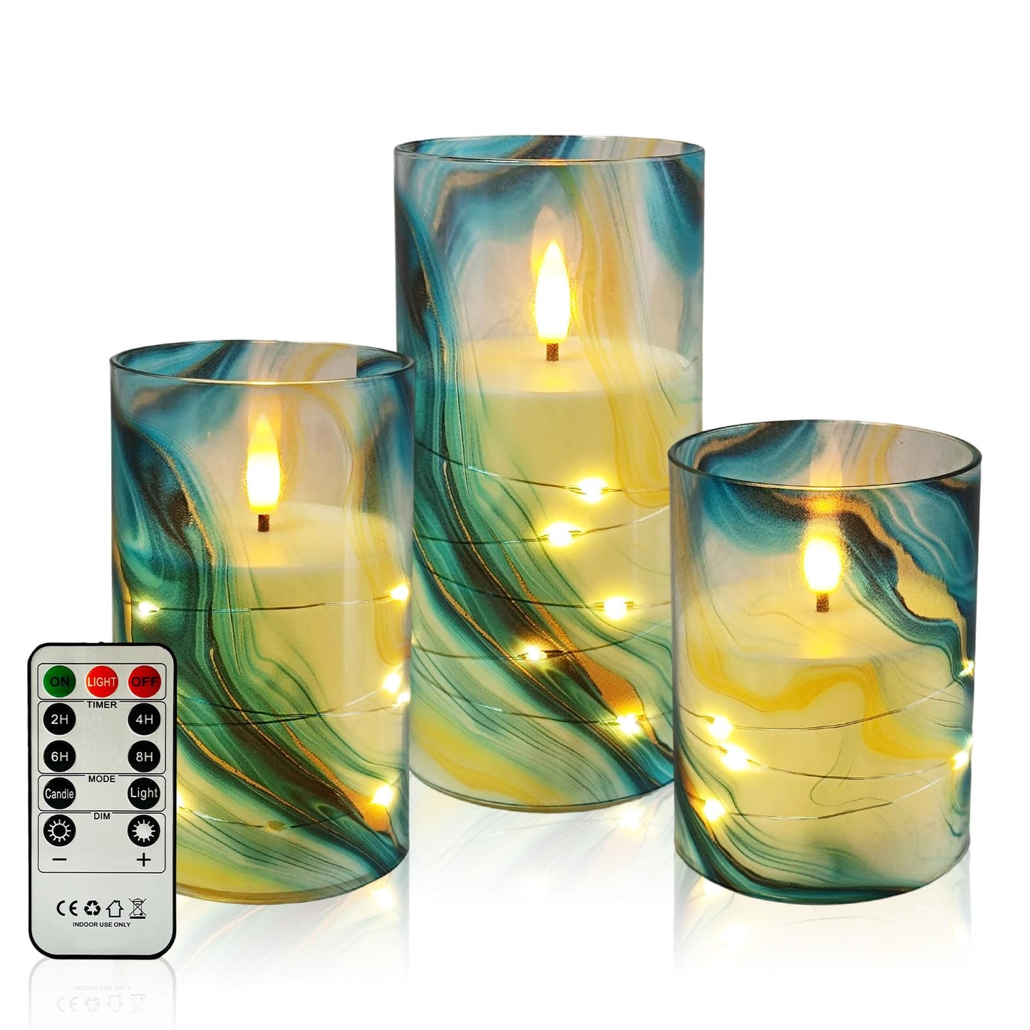 NjaoHoo Flickering Flameless Candles, Recessed String Light LED Candles 3D Wick Acrylic Battery Operated LED Pillar Candles with Remote and Timer for Modern Simple Home Decor Set of 3(Marble Printed)