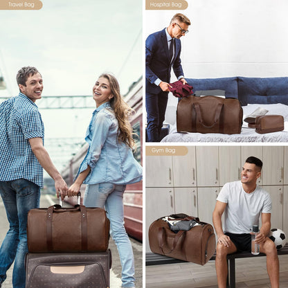 Wogarl 3PCS Faux Leather Weekender Bag for Women Men Large Overnight Travel Duffel Bags with Shoe Compartment Toiletry Packing Cube Carry On Duffle Fit 21" Laptop(Coffee)