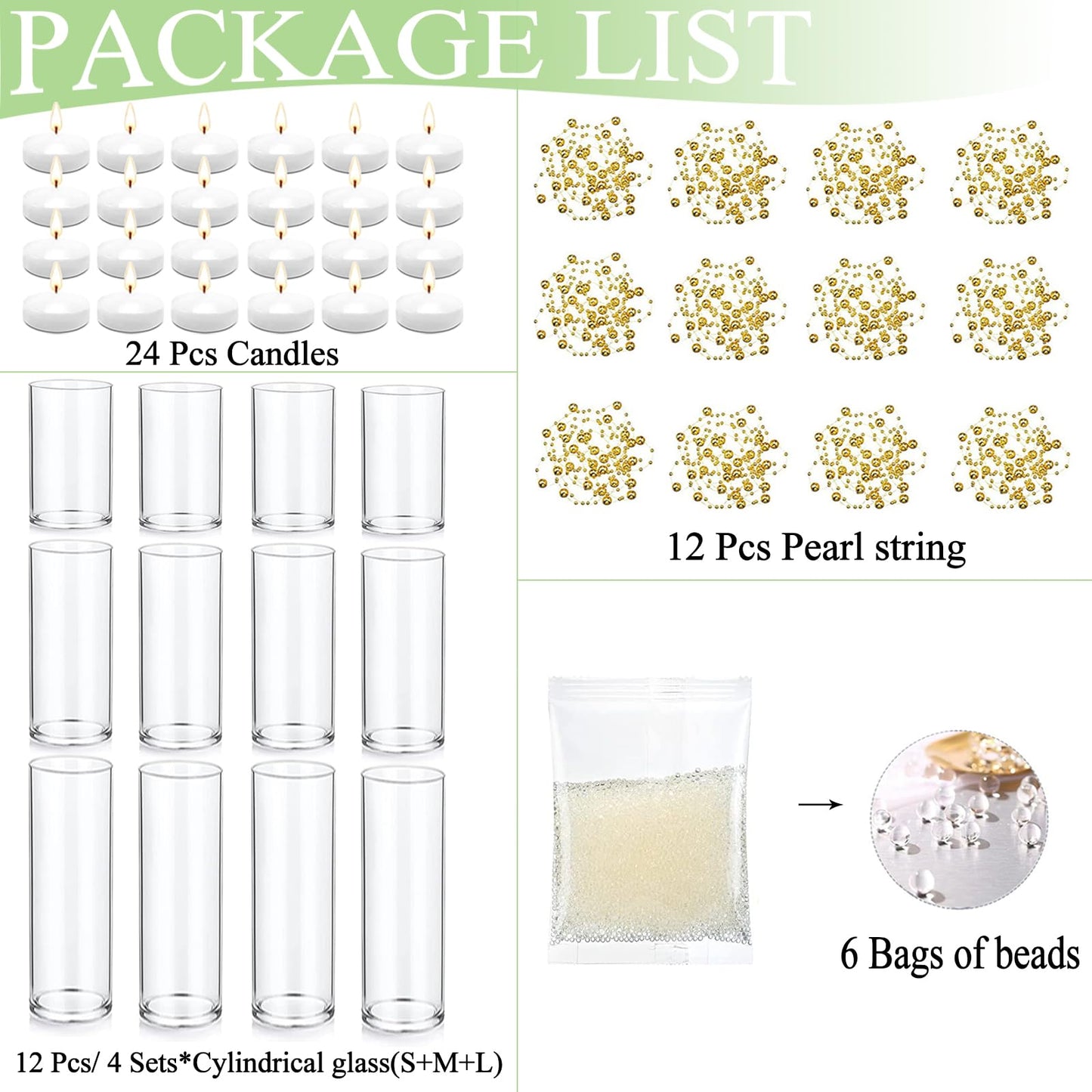PNJHDZ Set of 12 Glass Cylinder Vases for Centerpieces with 8 Pack Vase filler 12 Pearl String 24 White Floating Candles for Centerpieces, Table Center pieces for Wedding Party Home Decor 5, 6, 8 Inch