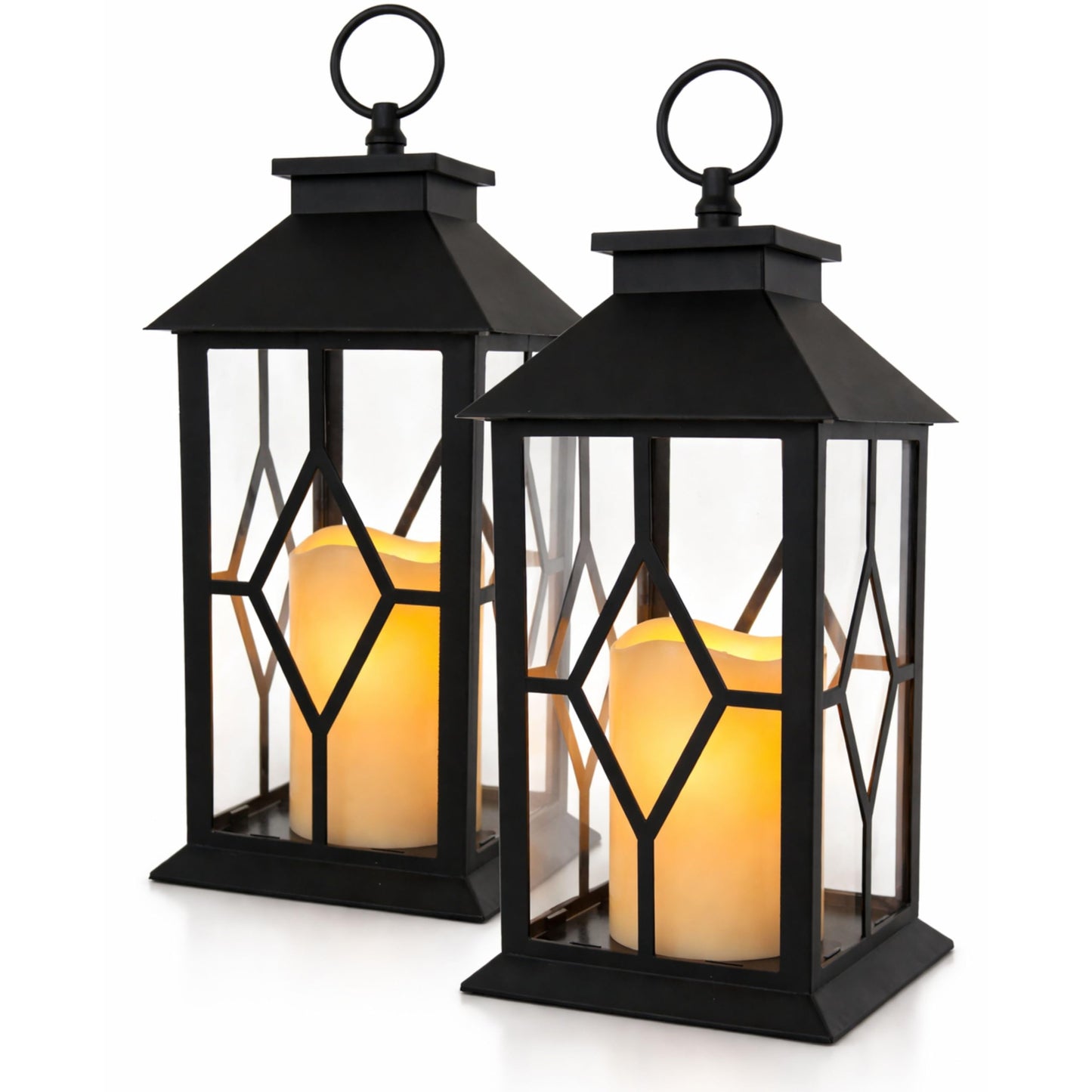 Decorative Black Lanterns Set of 2 with LED Flameless Candles, Remote & 4 Hour Timer, Indoor Outdoor Lantern Decor, Hanging or Tabletop Lighting, 13 Inch Tall