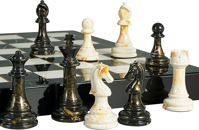 15 Large Chess Set for Adults with Extra 2 Queens Weighted Acrylic Pieces-3.5 King w/Leather Base Portable Folding Marbling Wooden Chess Board - Travel/Family Game &amp Elegant Gift