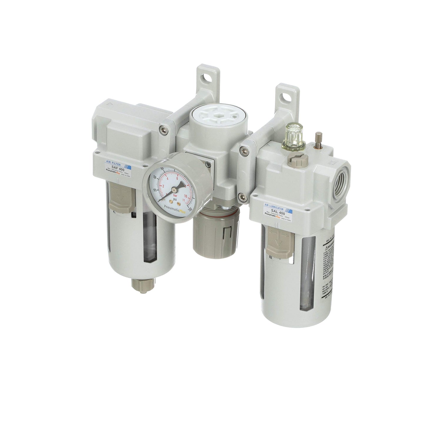 PneumaticPlus SAU400-N04G Compressed Air Filter Regulator Lubricator Combo 1/2" NPT - Poly Bowl, Manual Drain, Bracket, Gauge