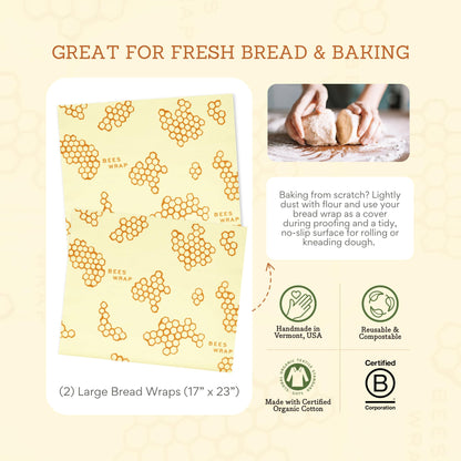 Bee's Wrap Beeswax Wraps for Bread - 2 Pack Beeswax Bread Wrap for Sourdough & Bread Storage - Plastic Free Made in USA Reusable Natural Food Wrap - & Honeycomb