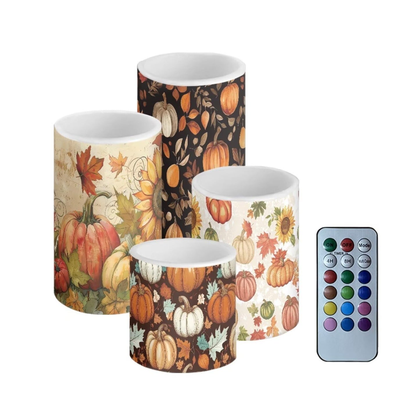 NETILGEN Fall Harvest Pumpkins Print Flameless Electric LED Pillar Candles Lamps with Remote Timer Control Long Lasting for Thanksgiving Day Home Party Set of 4
