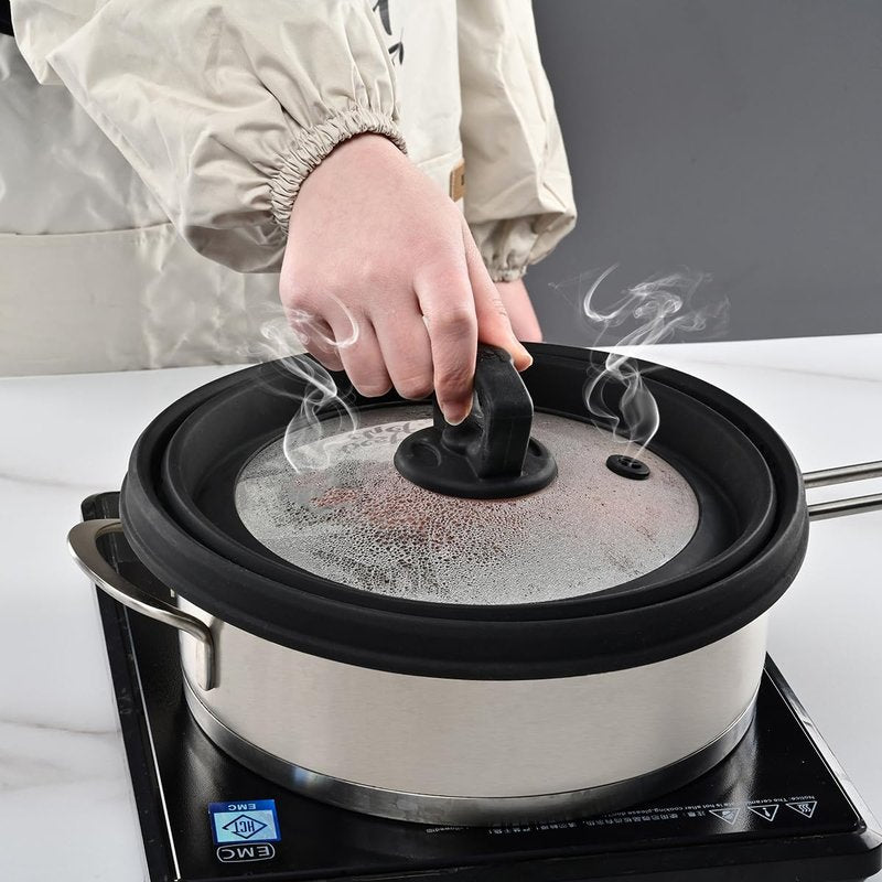 Microwave Splatter Cover Vented Glass Splatter Guard Lid with Collapsible Silicone for Food as Pot Cover Plate 10.8 inch for 6 7 8 9 10 inch Plate Bowl