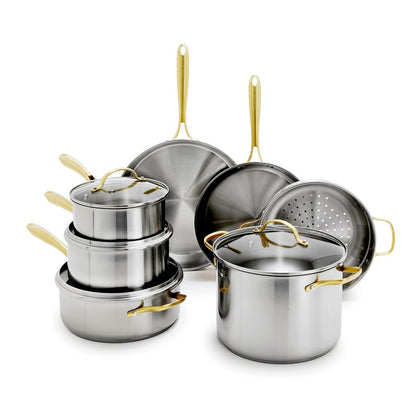 GreenPan Stainless Steel Cookware Set, 11 Piece, Induction Cookware, Dishwasher Safe, Oven Safe to 600F, Large 8QT Stock Pot, Sauce, Saute, Frying Pans, Pots & Pans Kitchen Essentials, Gold
