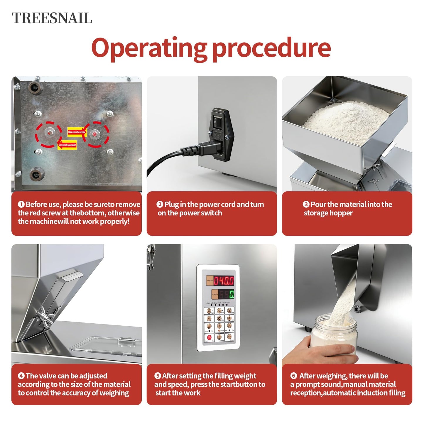 TREESNAIL 2-200g (0.0044-0.44lbs) Powder Filling Machine, Automatic Intelligent Particle Weighing & Dispensing Filler for Tea, Coffee, Flour, Spices, Granules, 8-16 Packs/Min, 110V