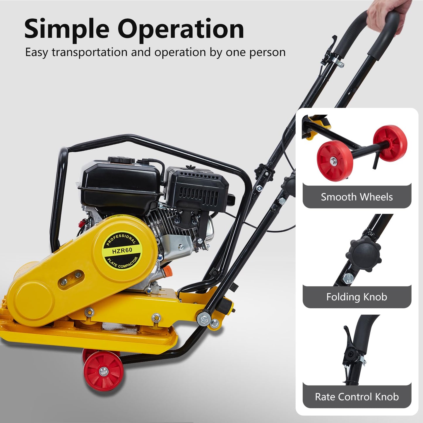 7HP Plate Compactor, 212CC Gas Engine and a Compaction Force of 4200 Lbs, 22.1 x 15.9 Inch Plate Jumping Jack Tamper, Operates At 5600 VPM, for Asphalt and Paver Landscaping Tasks