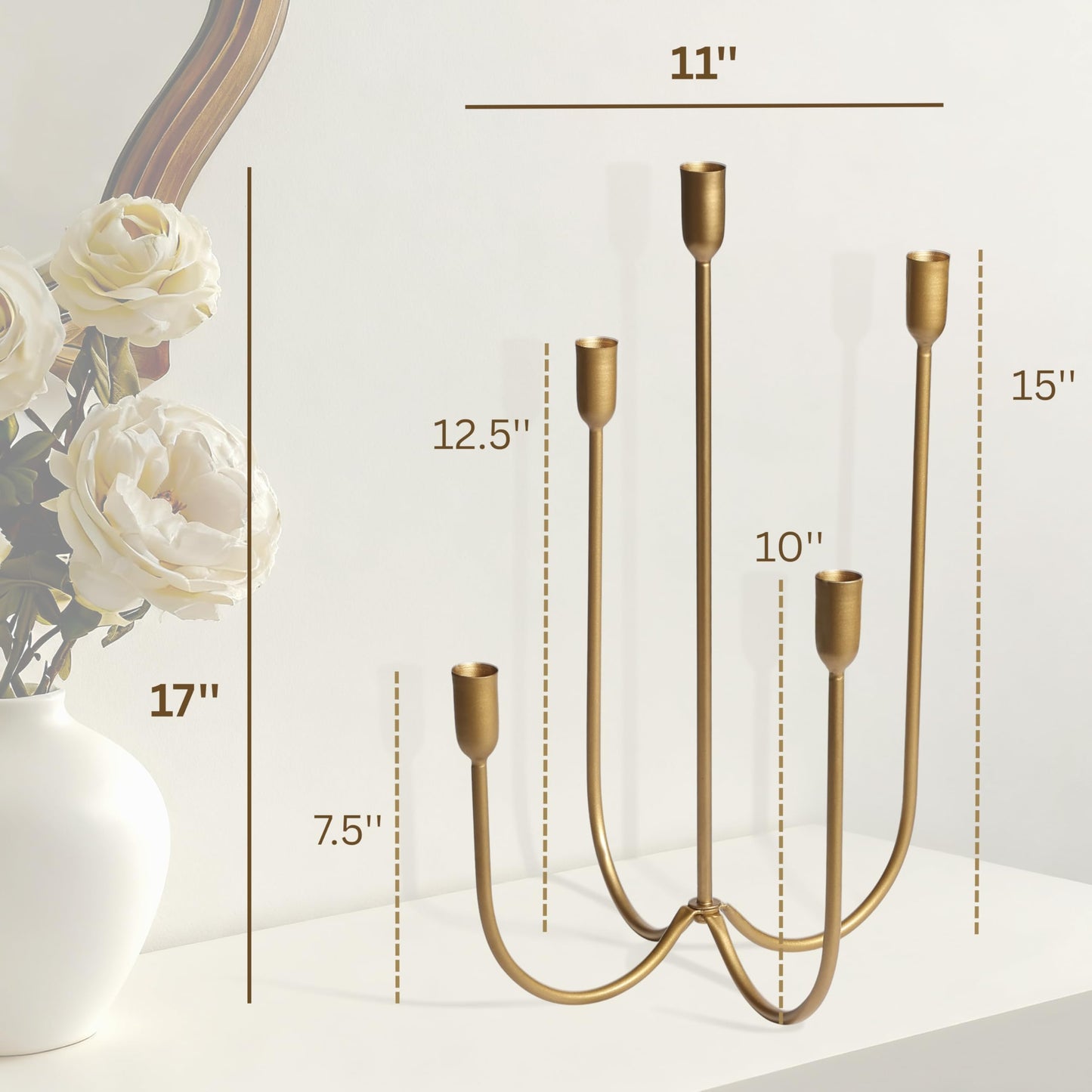 Perfnique 5-Candle Iron Candelabra, 17 Inch Antique Brass Gold Candle Holder, Hand-Forged Cast Gold Candle Holder for Wedding, Event, Christmas & Dining, Table Centerpiece Décor