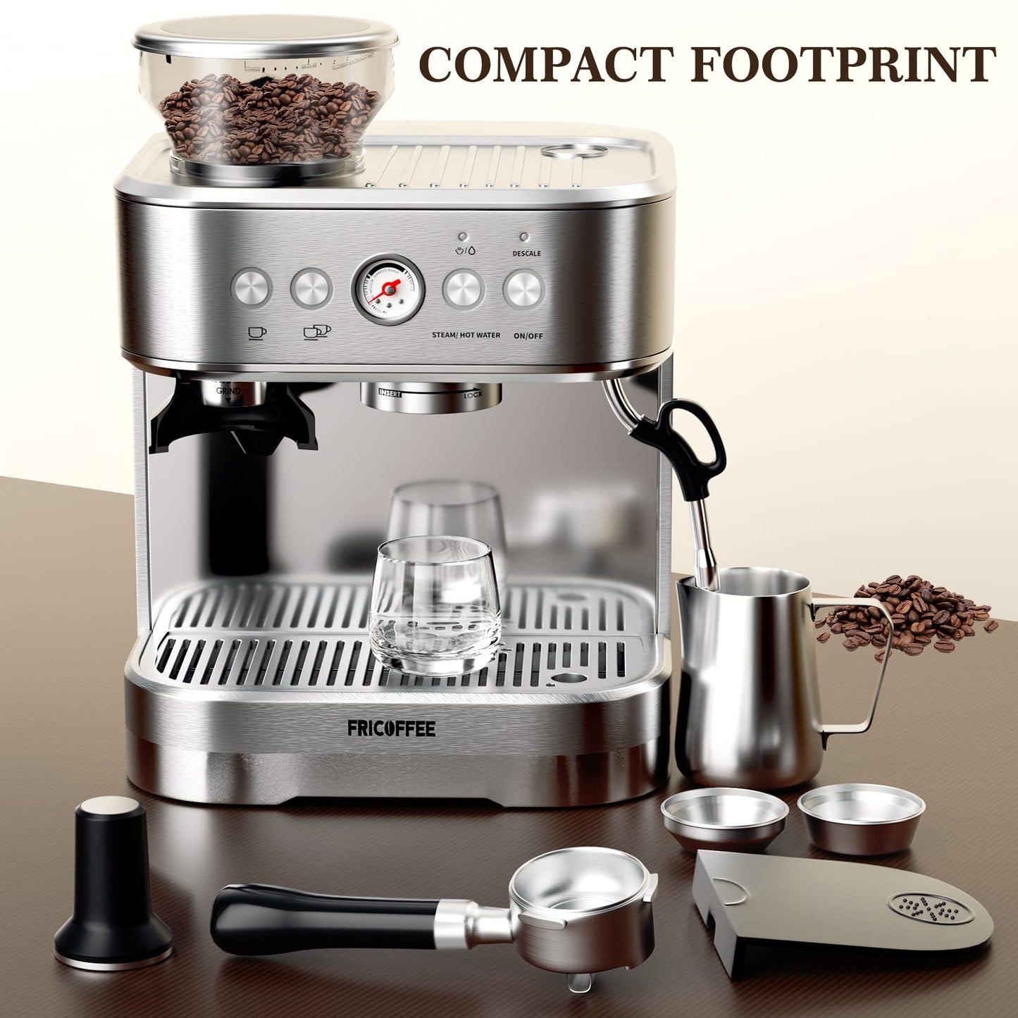 Fricoffee Espresso Machine with Grinder Espresso Maker Stainless Steel with Milk Frother Cappuccino Machine Semi Automatic Espresso Machine