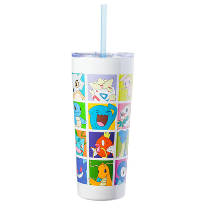 Silver Buffalo Pokemon Pikachu, Snorlax, Charmander, Squirtle, Bulbasaur, Eevee, Gengar, Togepi, Magikarp, Psyduck, Jigglypuff, Meowth, Mew Double Walled Stainless Steel Tumbler with Straw, 22 Ounces