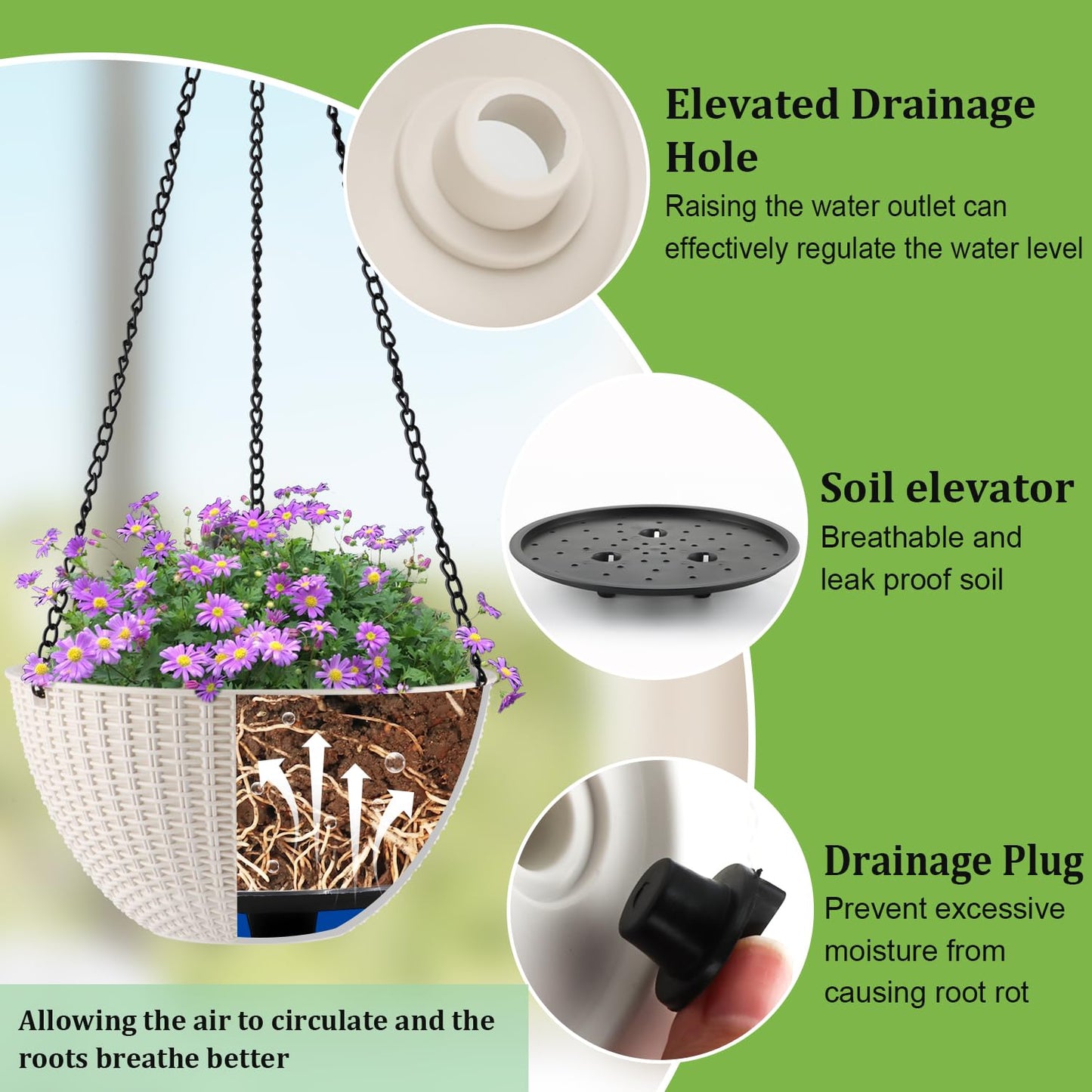 RooTrimmer Hanging Planters for Indoor Outdoor Plants 8/10 Inch, 4 Packs Plant Hanger with Drainage Holes, Hanging Basket Flower Pot Perfect for Home, Office and Garden,White