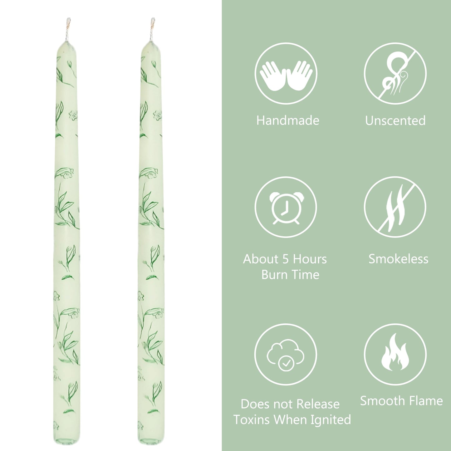10 Inch Taper Candles Printed Candlesticks Handmade Unscented Smokeless,2pcs Tapered Candless Candle Sticks for Wedding Home Decoration(Grass)